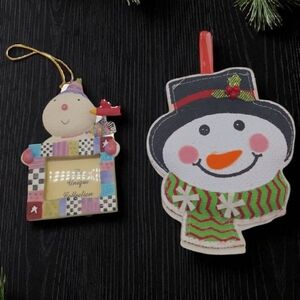 2 Festive Snowman Ornaments Textured And Picture Frame